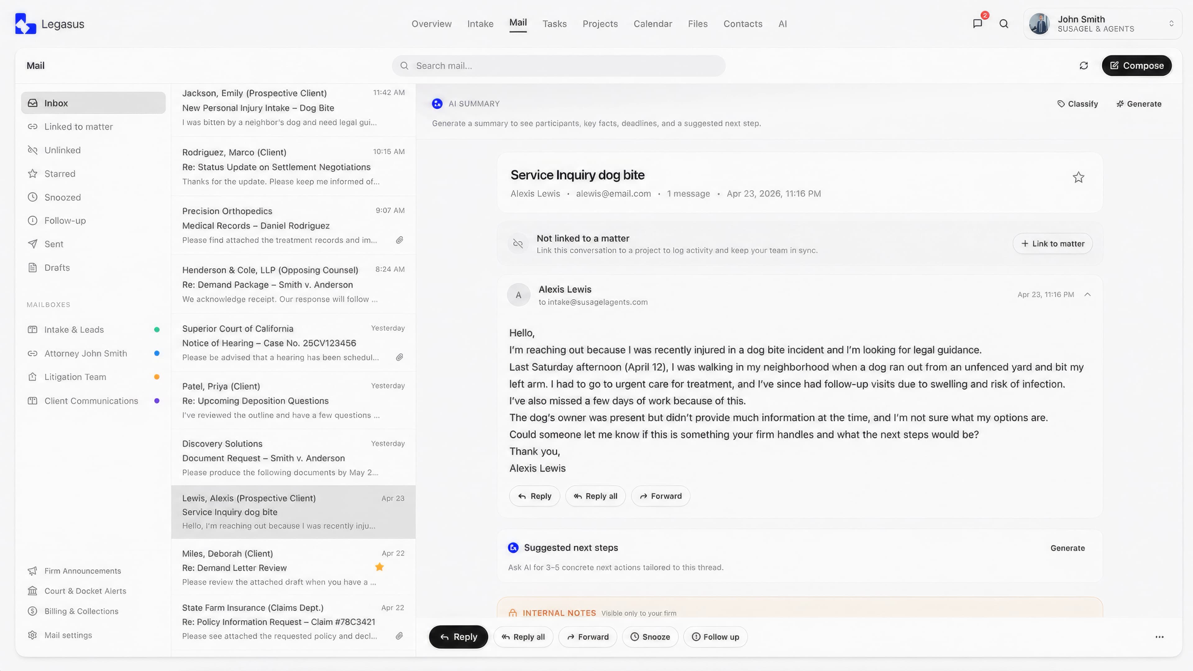 3-pane mail layout · AI thread summary card